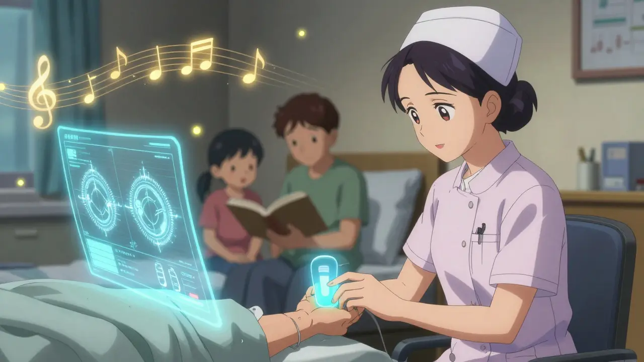 A palliative care nurse checks a patient’s pulse while holographic symptoms float nearby and a family member reads aloud.