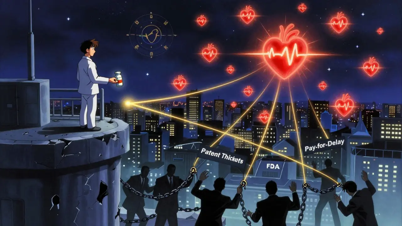 A patient holding a generic pill connected by golden threads to millions of heartbeats across a city.