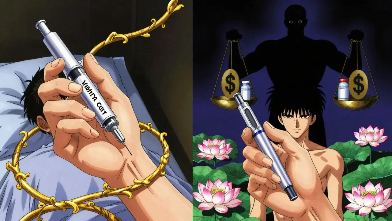 A patient holds a branded pen on one side, a biosimilar on the other, with a shadowy PBM figure watching.