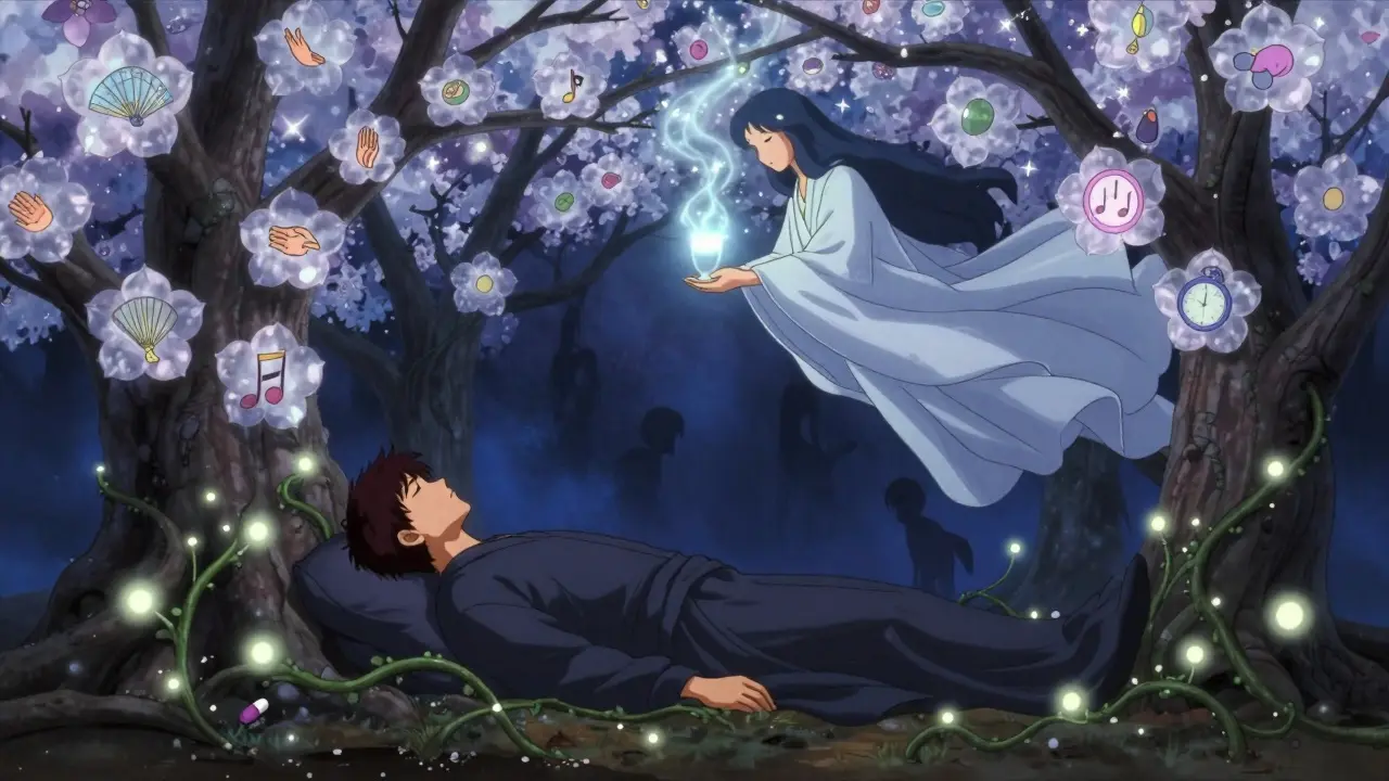 A peaceful patient lies under a blooming tree of symbolic comforts, with calming elements like fan, hand, and music glowing in the air.