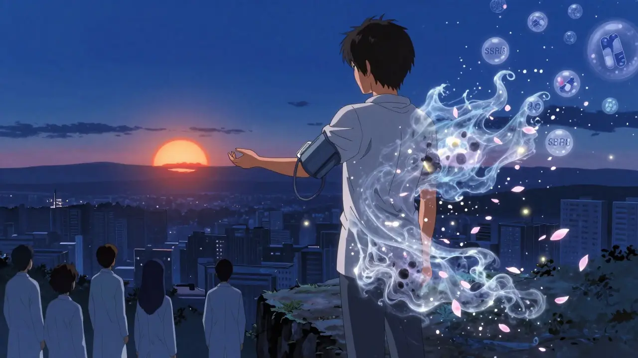 A person at a cliff's edge, half-transformed into petals, holding a blood pressure monitor as medication symbols drift like fireflies.