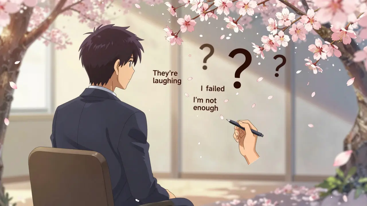 A person in therapy surrounded by floating cherry blossoms that dissolve into anxious thoughts, one hand steady holding a pen.