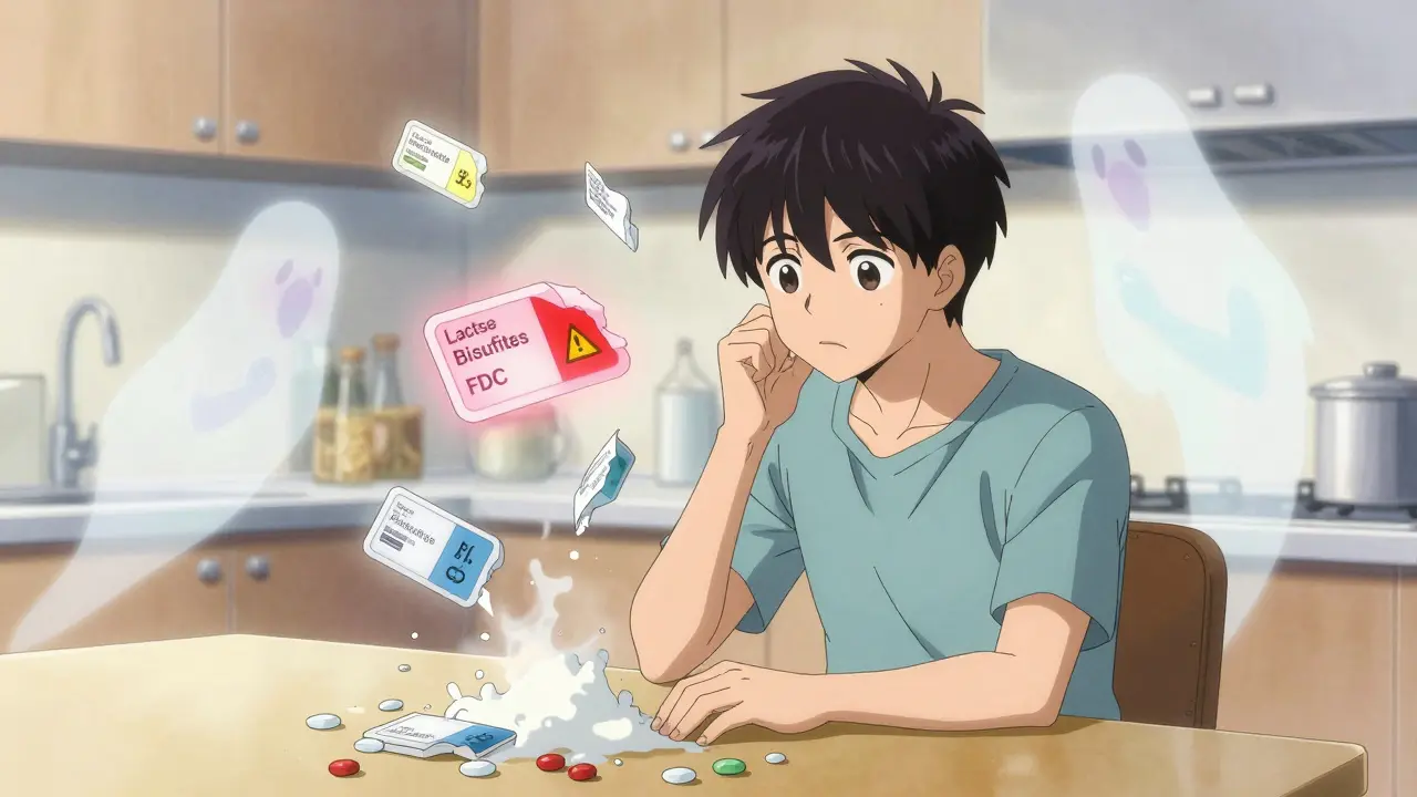 A person sits surrounded by floating pill labels dissolving into ghostly ingredient spirits.