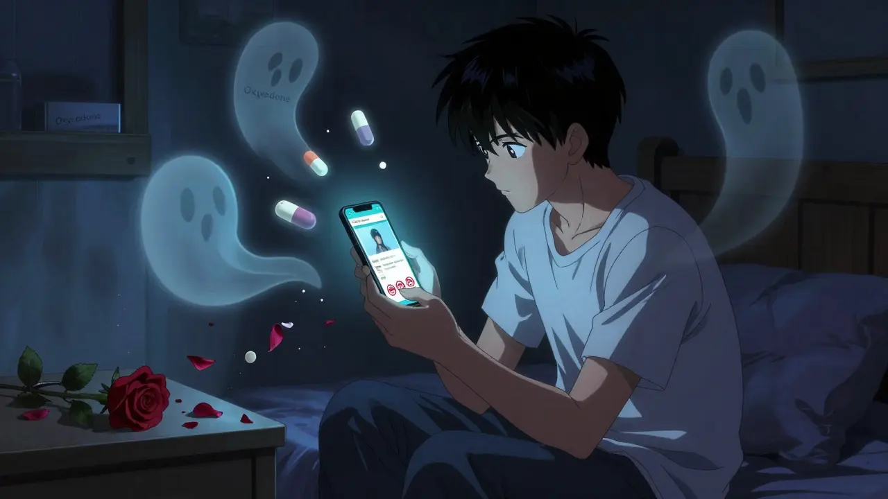 A person staring at a fake pharmacy website, ghostly pills floating around them in a dark room.