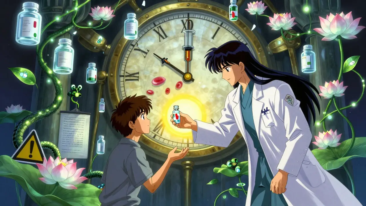A pharmacist hands a vial to a patient under a canopy of pill-shaped lotus flowers, with a clock made of syringes ticking above.