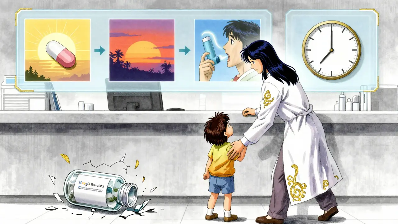 A pharmacist shows a mother visual icons of pill-taking times using a glowing hologram.