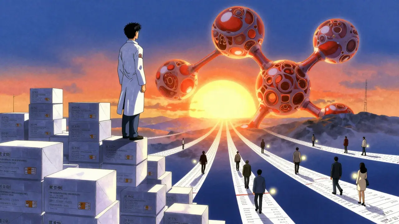 A pharmacist stands atop medication boxes, gazing at a rising biosimilar molecule as patients walk toward hope.