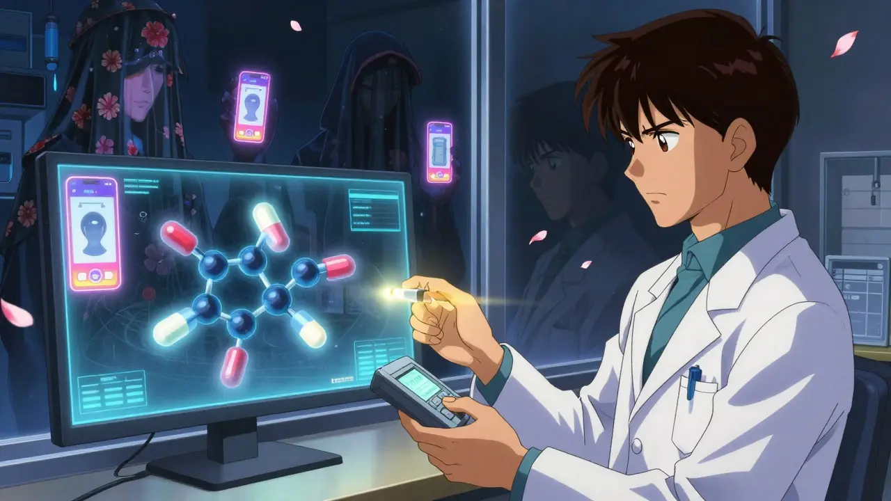 A pharmacist uses a handheld device to analyze a holographic pill while shadowy online sellers lurk in the background.
