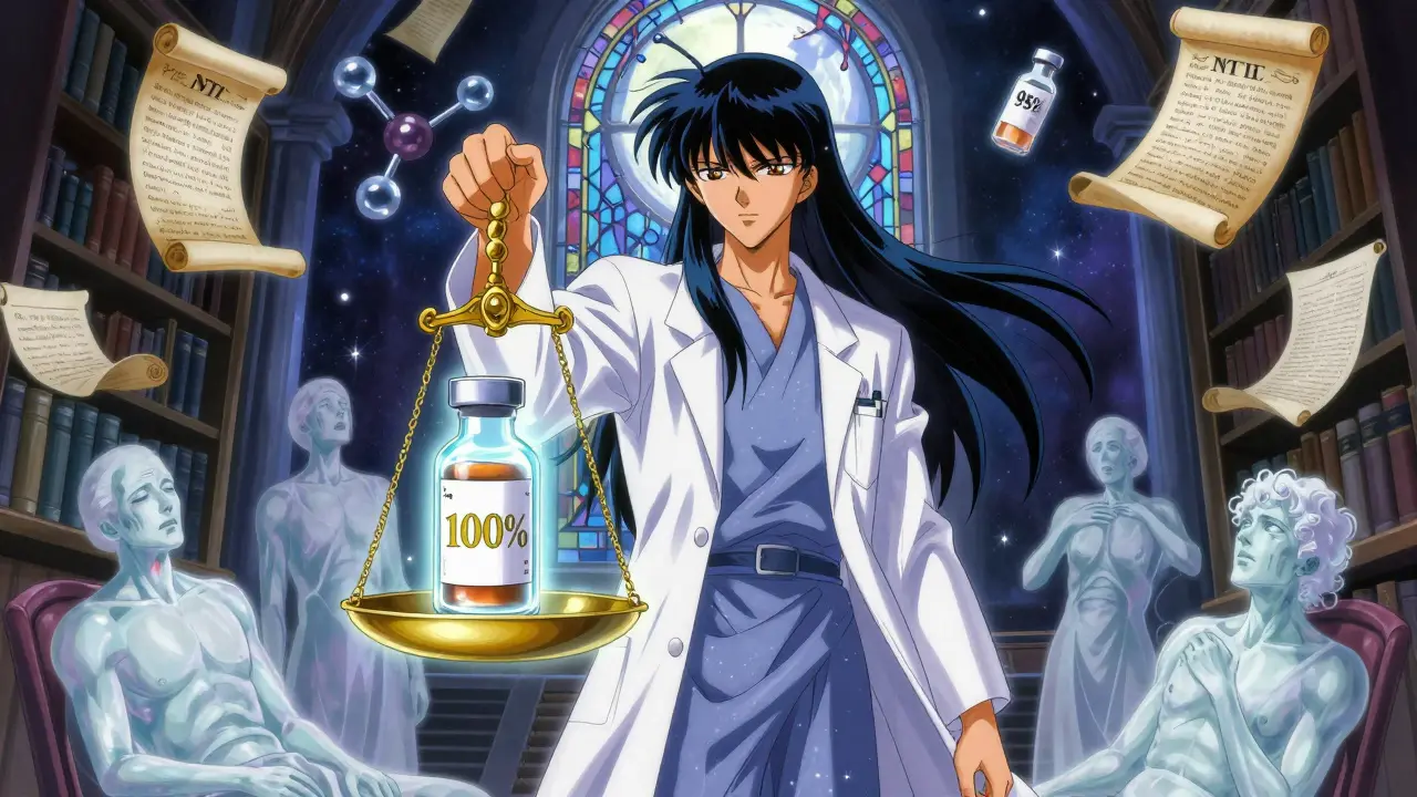 A scientist holding a scale with glowing drug vials, surrounded by drifting patient silhouettes in a celestial library.