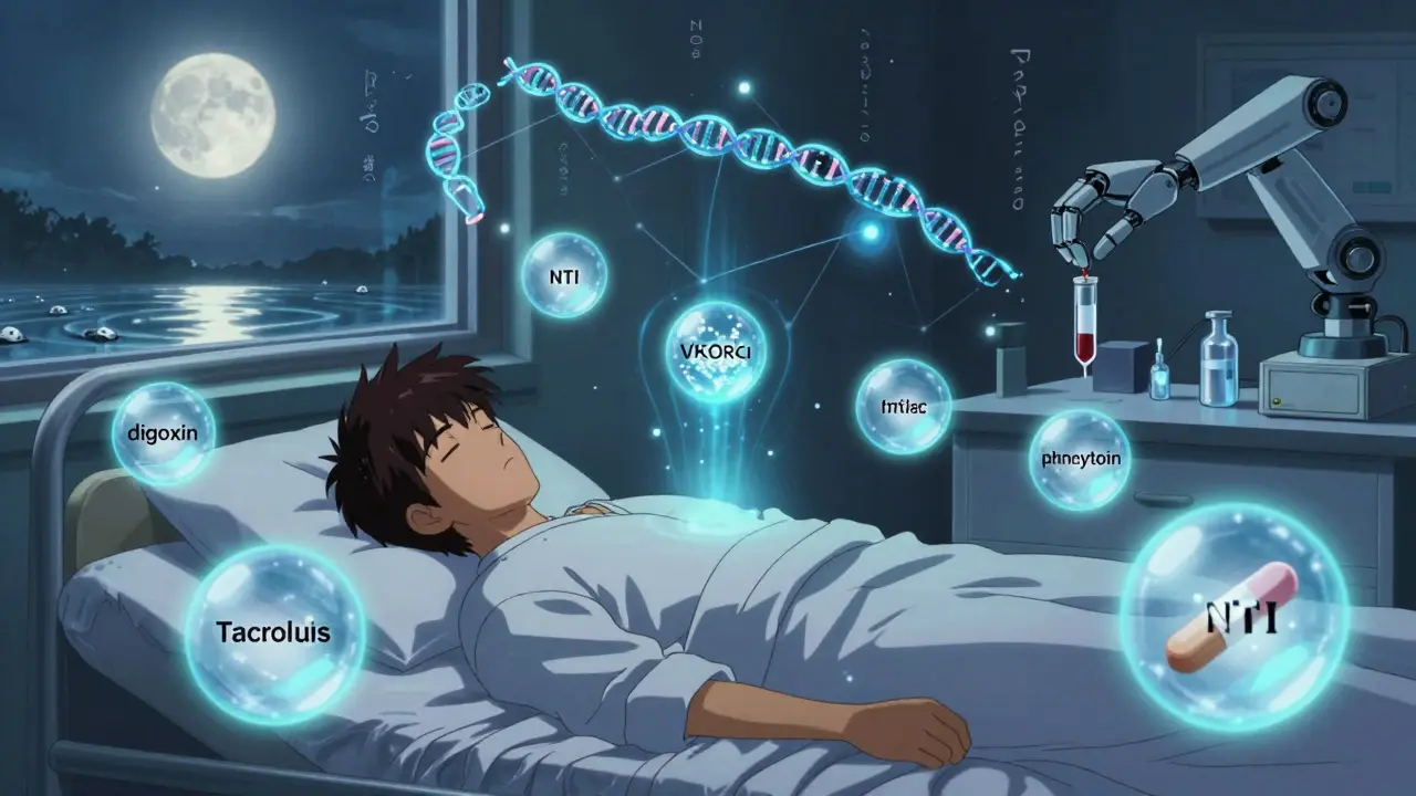 A sleeping patient is surrounded by floating drug orbs, with glowing gene strands and a moon reflecting in mercury, symbolizing precision and monitoring.