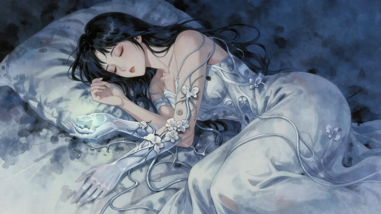 A sleeping woman with ghostly hands releasing numbness, floral nerve fibers wilting along her arm.