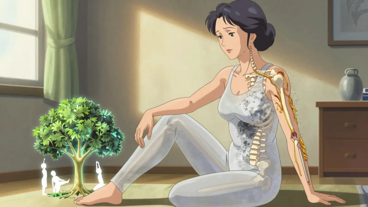 A woman's translucent body shows steroid damage spreading through bones, while a tree of healing poses grows from her feet.