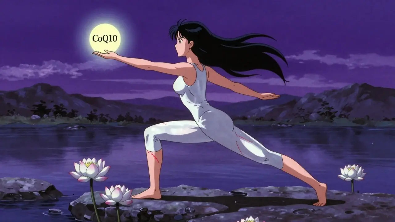 A woman in yoga pose by a river, with subtle warning cracks and blooming lotuses symbolizing statin balance.