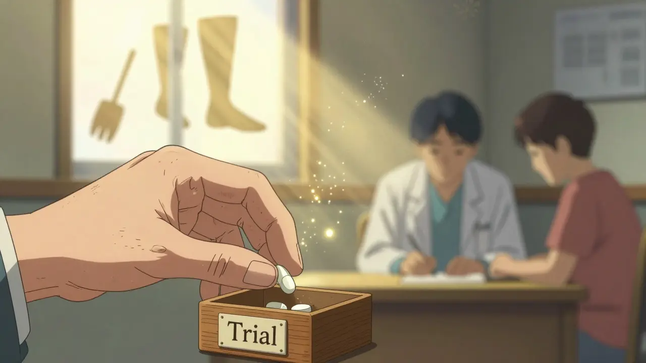 An elderly hand placing pills into a wooden box labeled 'Trial,' with glowing symbols of walking, gardening, and family nearby.