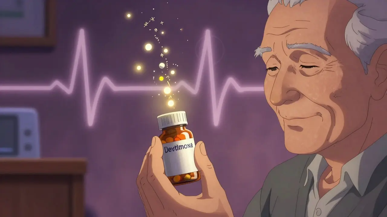 An elderly patient’s hand holding a pill bottle as therapeutic molecules spiral upward like fireflies.
