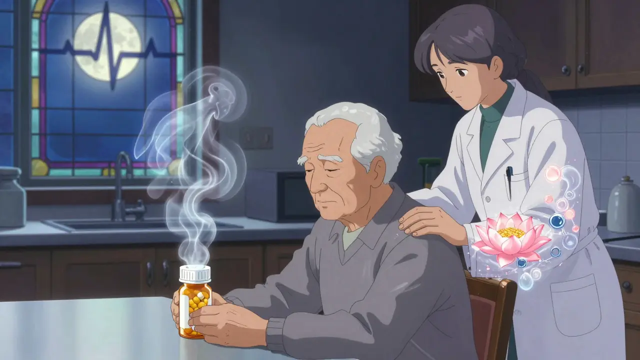 An elderly person sits at a table as ghostly symptoms rise from a pill bottle, while a pharmacist offers calm support amid mystical petals.