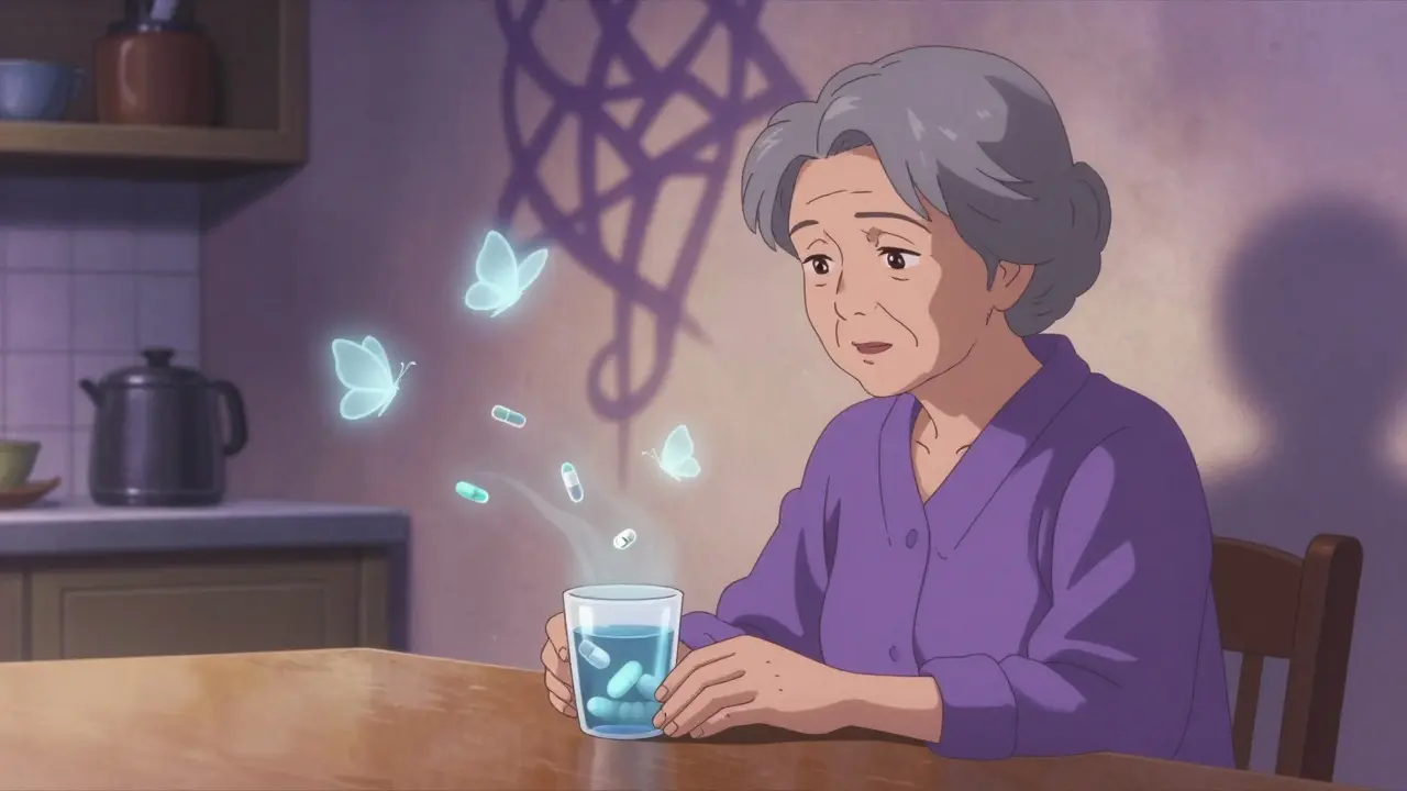 An elderly woman with spectral drug molecules floating around her, casting haunting shadows in soft twilight colors.