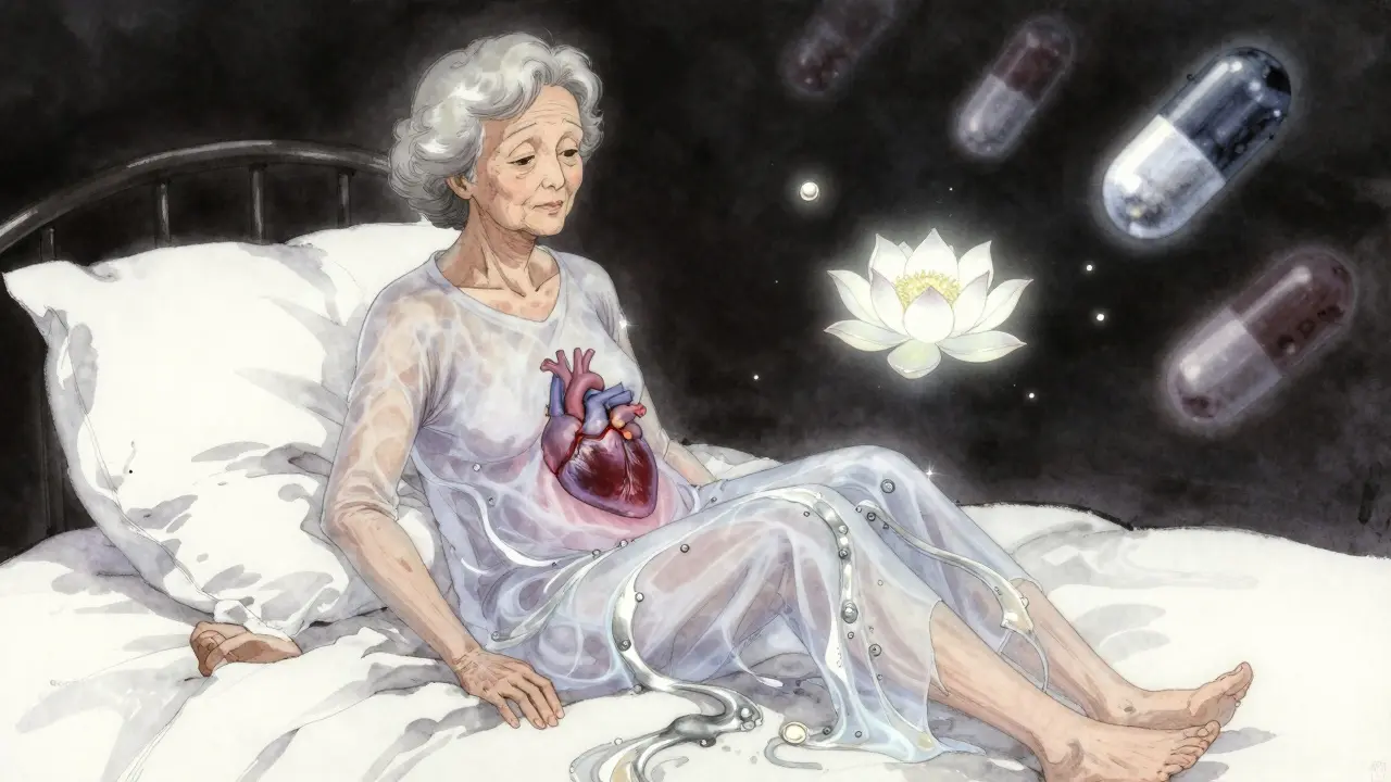 An elderly woman with translucent body showing a weak heart, fluid rising as ghostly tendrils, acetaminophen pills floating nearby.