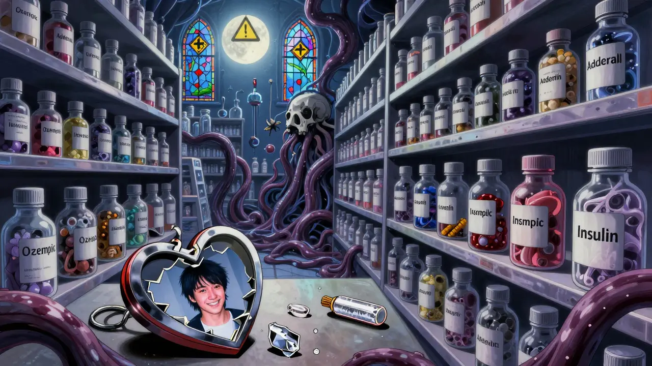 An endless pharmacy shelf with dangerous substances swirling inside labeled bottles.