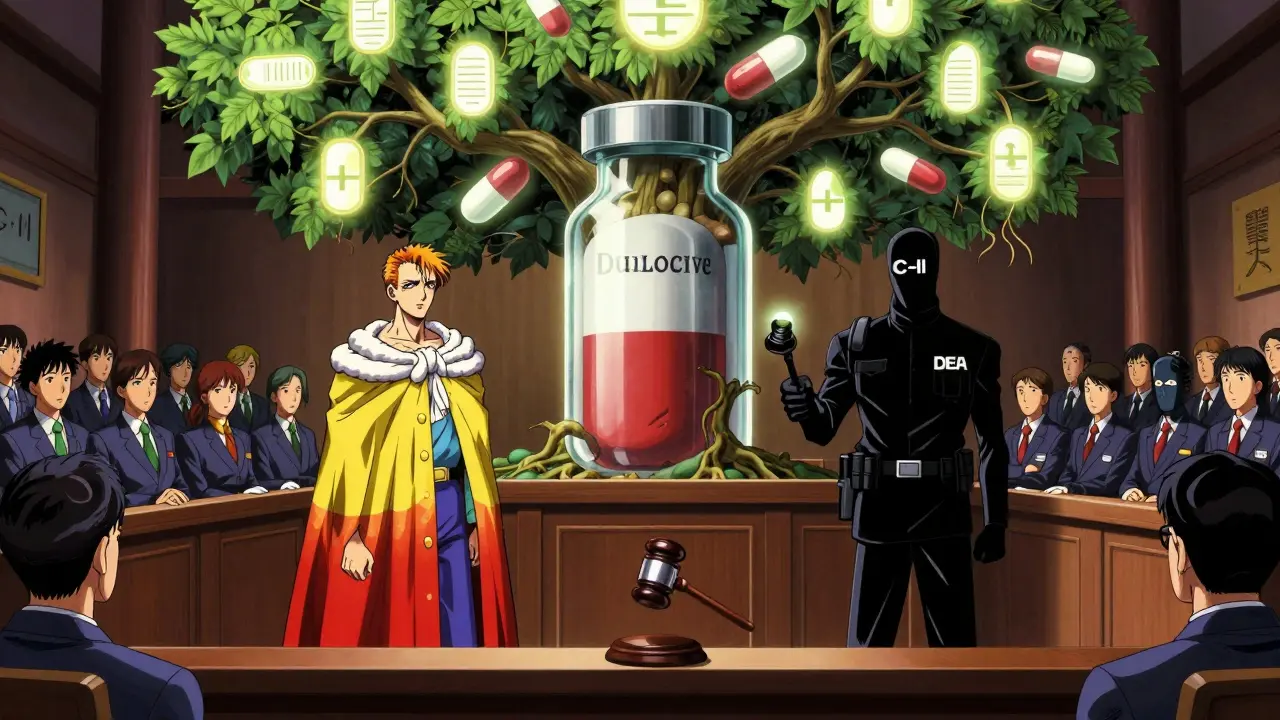 Aspirin and other drugs as humanoid figures on trial before medical symbols in a surreal anime courtroom scene.