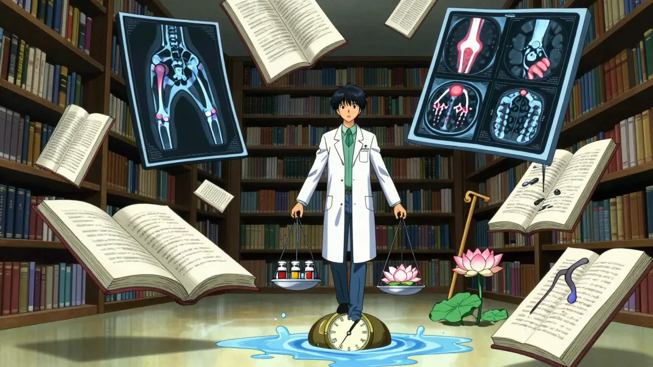 Floating medical books turn into X-rays and MRIs, weighed against steroid vials and natural therapy symbols in an ethereal anime scene.