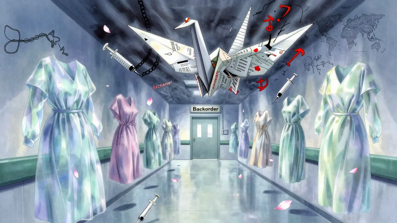 Floating medical supplies drift down a hospital corridor toward a 'Backorder' door, surrounded by warning symbols.