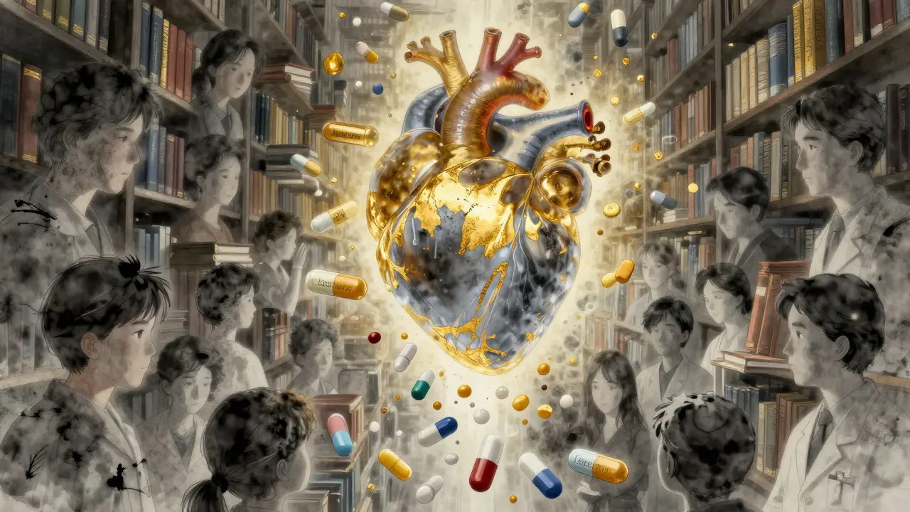 Floating pills dissolve into a pulsing heart with golden and gray light, surrounded by whispering figures in a cosmic library of medicine.
