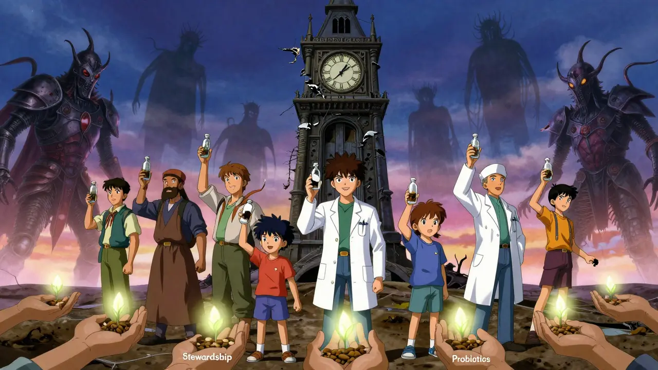 Global figures beneath a crumbling clocktower as superbugs rise, while seeds of stewardship are planted below.
