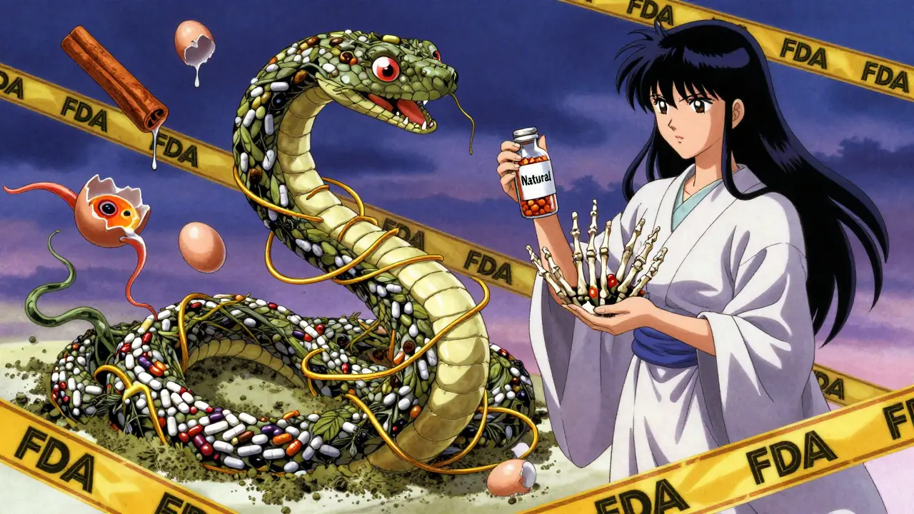 Herbal powder transforming into serpents of hidden drugs, with lead-dripping cinnamon and cracked eggs in a mystical twilight scene.