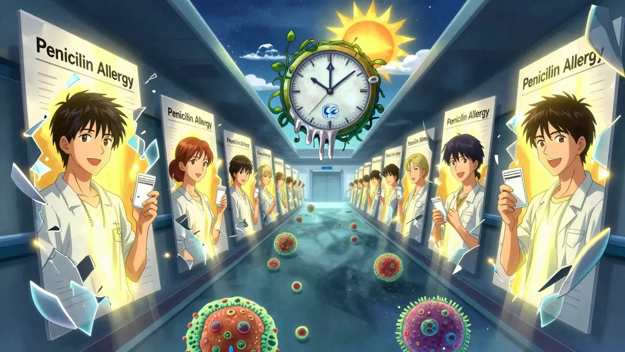 Hospital corridor where allergy labels shatter to reveal patients free with amoxicillin prescriptions, surrounded by healing light.