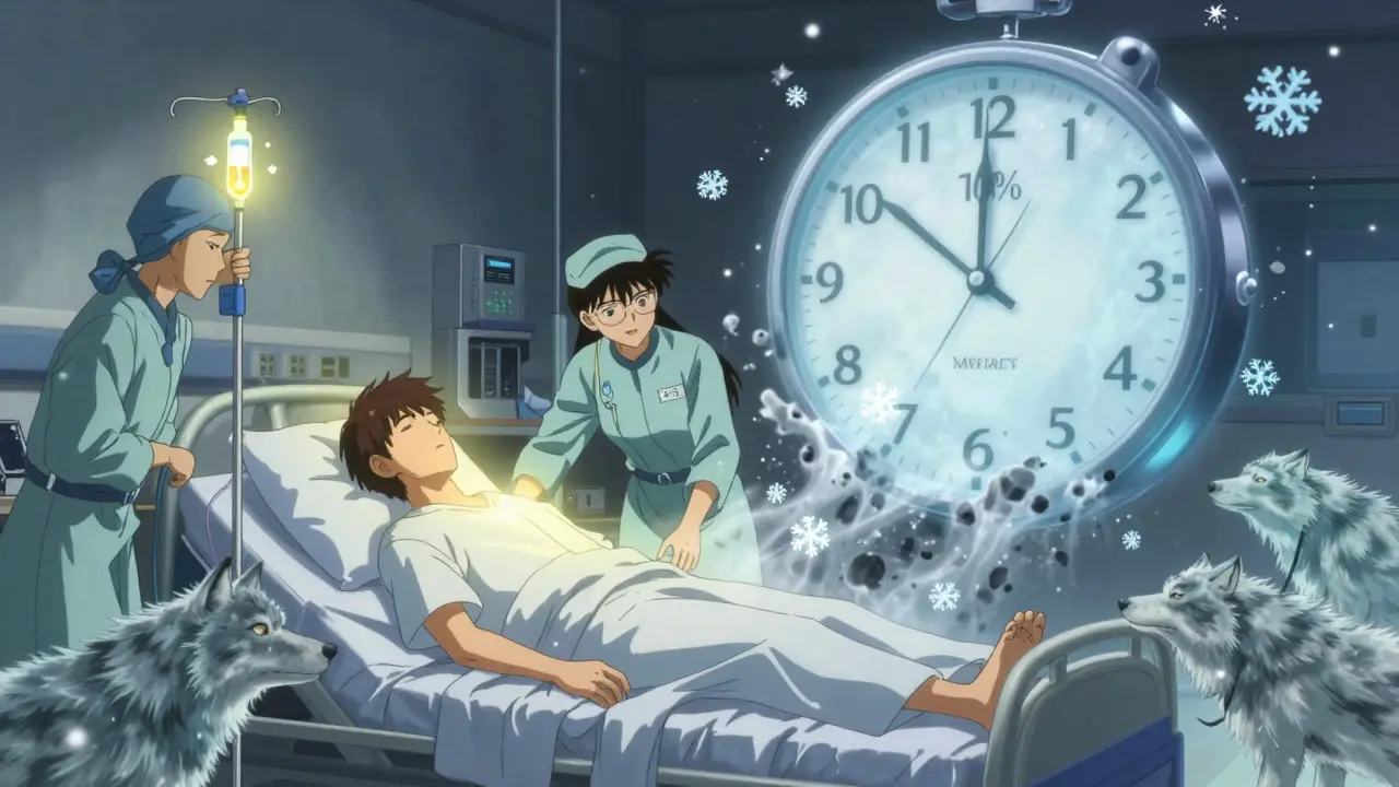 Medical staff administering life-saving thyroid hormones as a dissolving clock symbolizes time running out in Amano's dreamlike style.