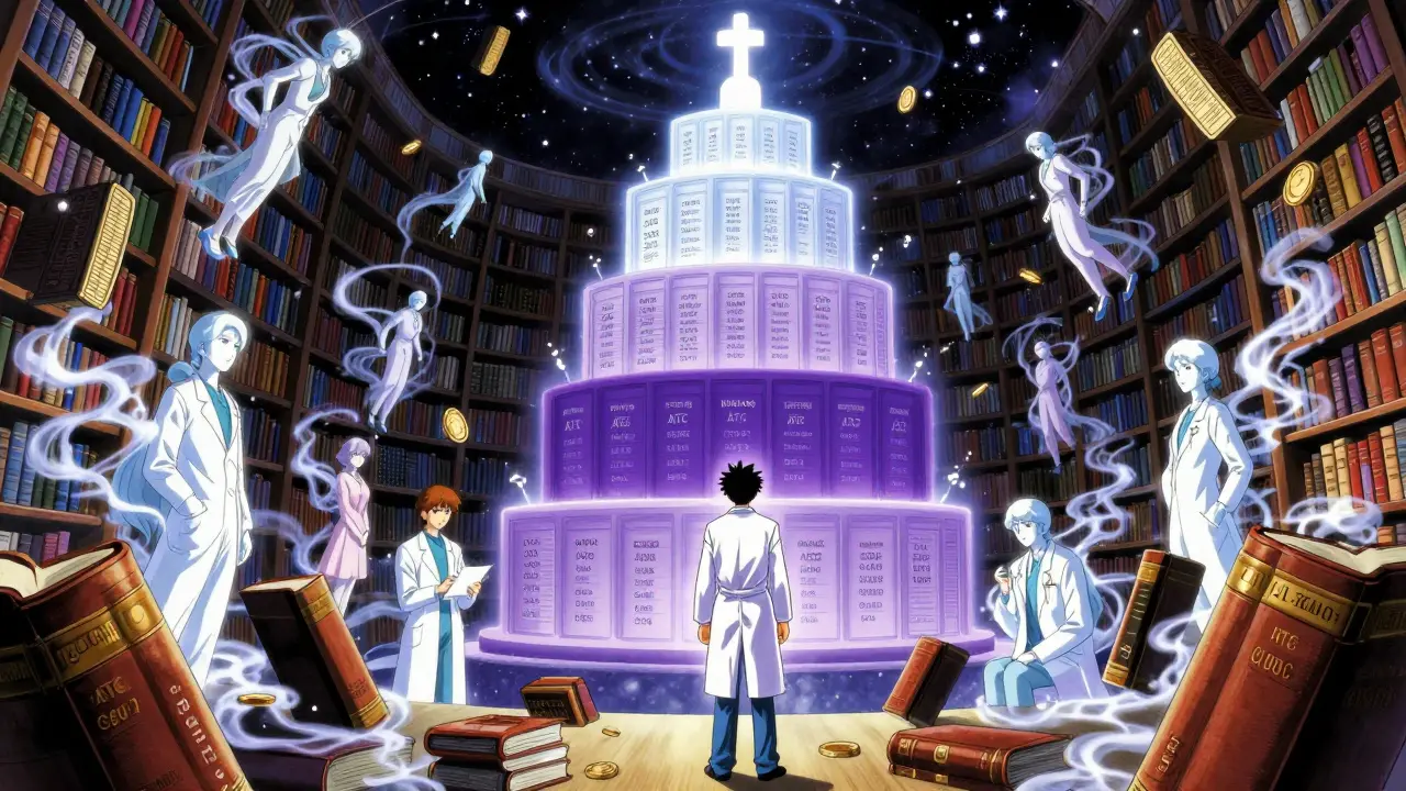 Pharmacist in a celestial library surrounded by floating ATC-coded books and a shifting five-tier formulary.