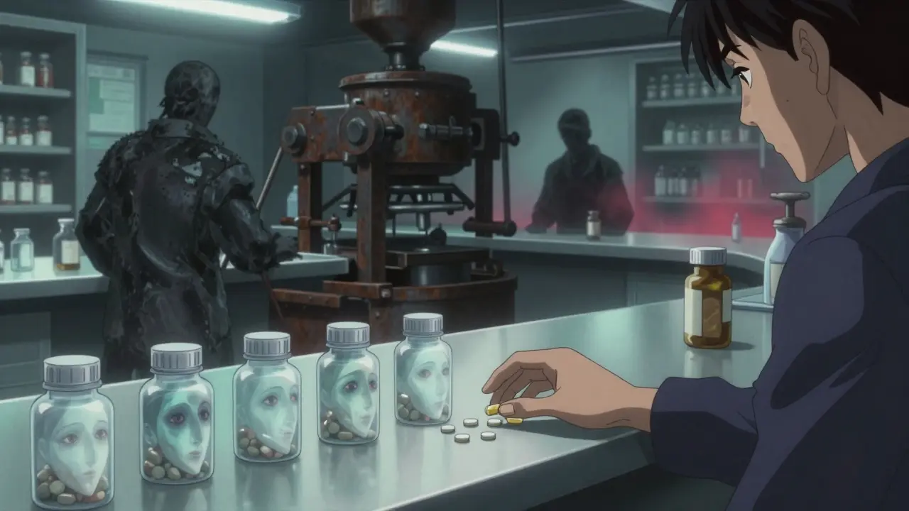 Pill tablets transforming into ghostly faces on a pharmacy counter, with shadowy factory workers in the background.