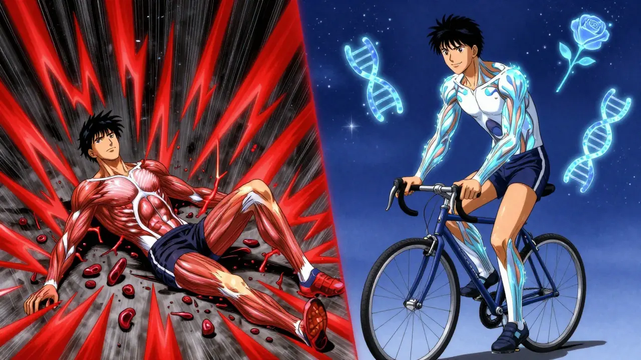 Split scene: one side shows muscle breakdown during intense exercise, the other shows calm cycling under stars.