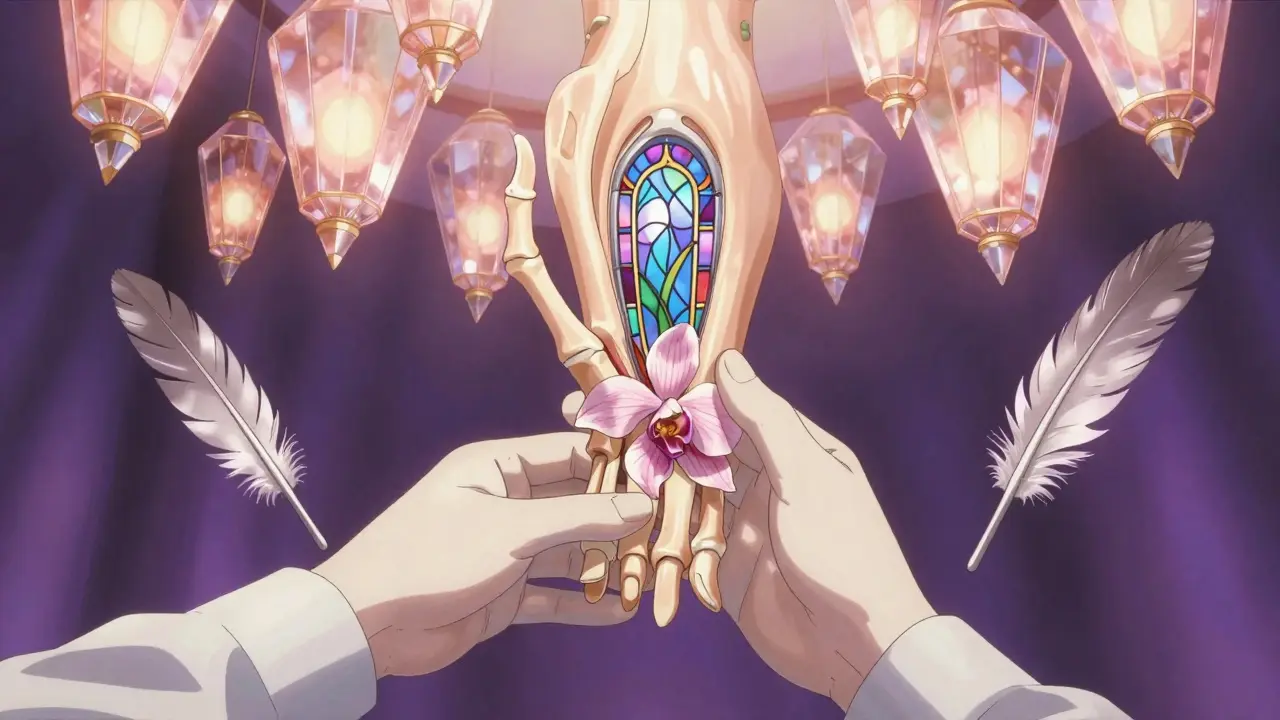 Surgeon’s hand releasing a compressed nerve as it blooms like an orchid under healing lantern light.