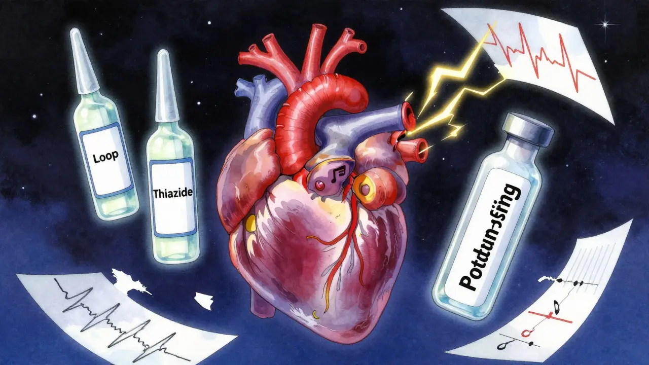 Three glowing diuretic vials above a heart with cracking ECG lines, Bactrim vial causing golden lightning, in luminous Amano style.