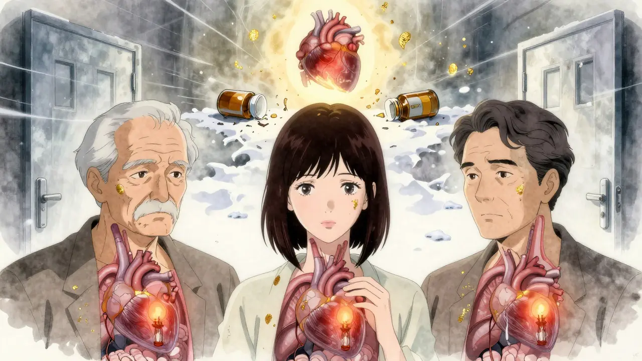 Three patients with visible slowing organs, a fading thyroid gland, and broken pills in a haunting winter scene, illustrated in Amano's signature elegance.