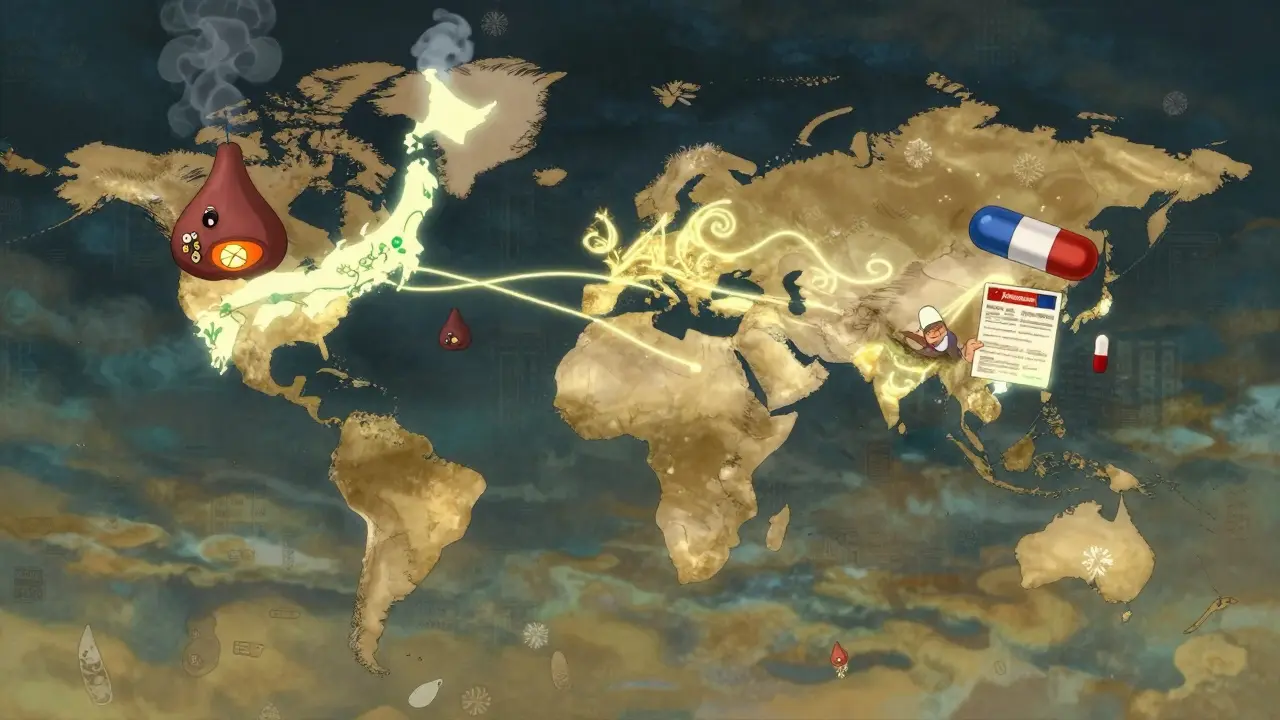 A global map showing regional differences in IgA Nephropathy treatments with symbolic cultural elements.