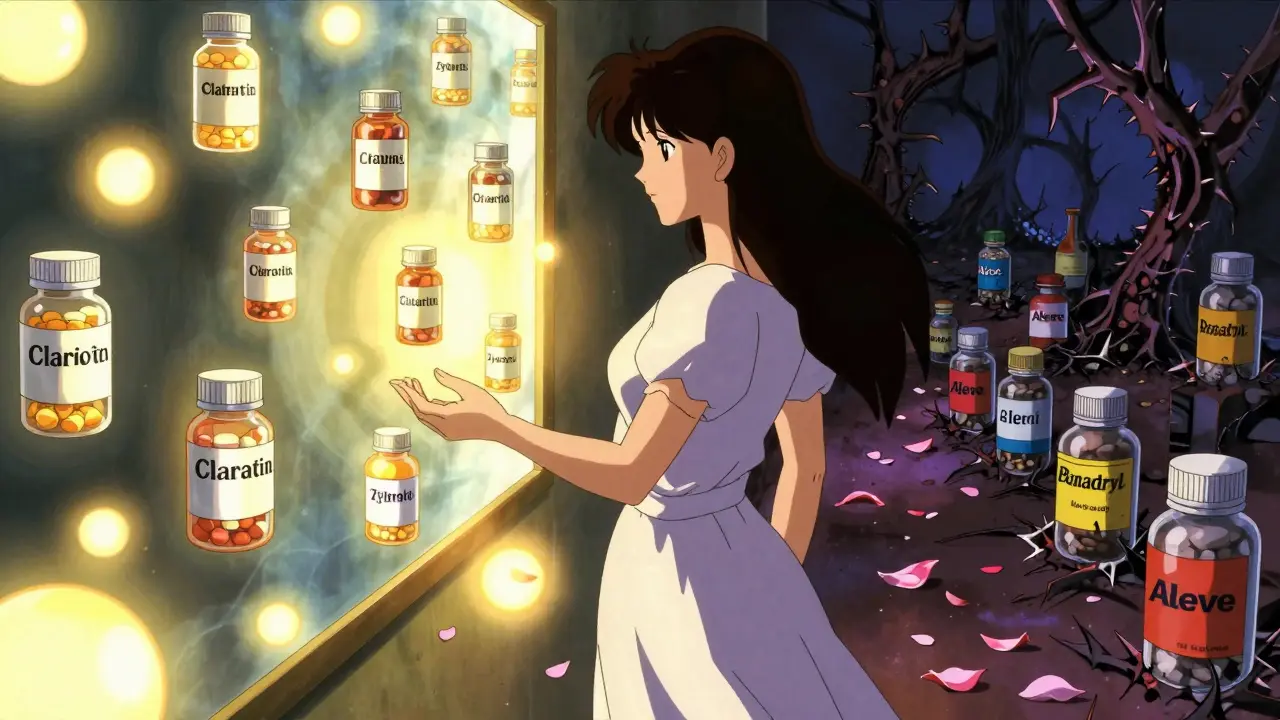 A mother choosing between safe and unsafe medications, with glowing orbs of safe drugs on one path and dark thorny vials on the other.