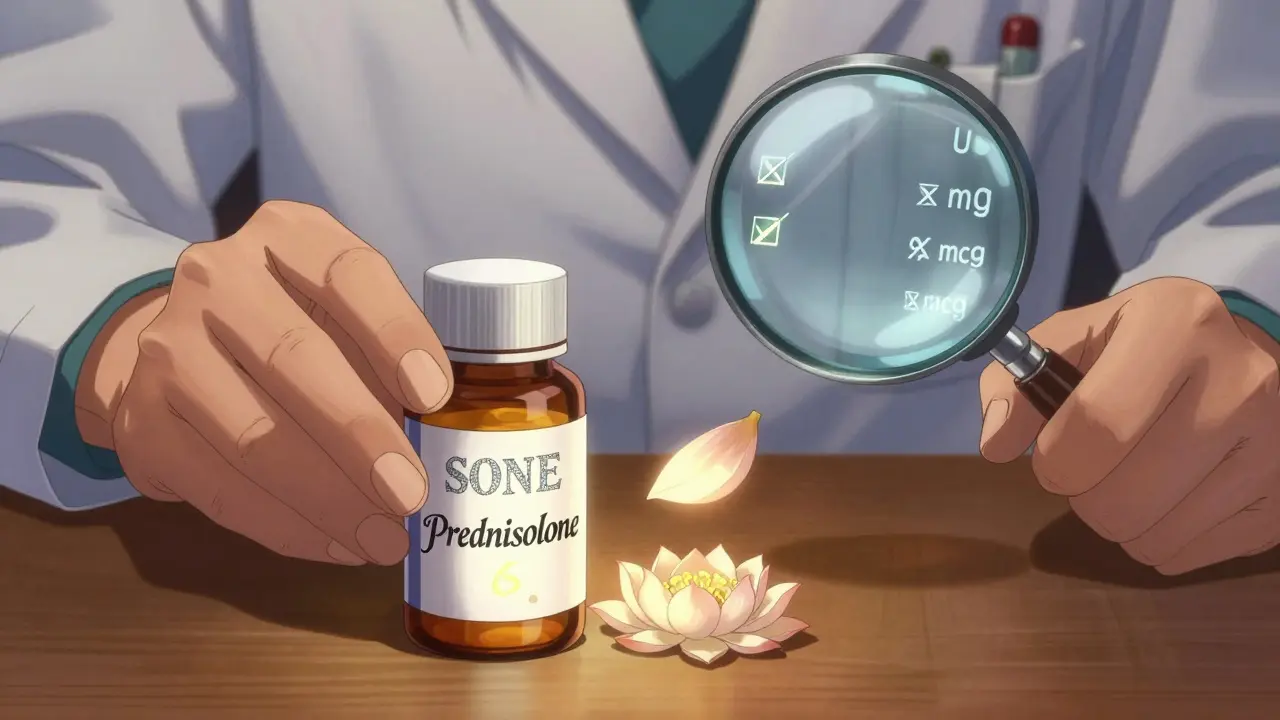 A pharmacist's hands place a bottle with elegantly written drug names, a magnifying glass revealing corrected abbreviations and clear units.