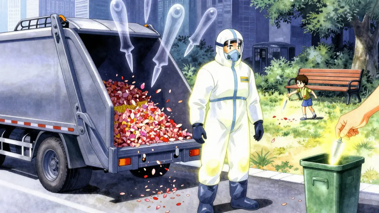 A sanitation worker protects a child from a stray lancet as harmful needles transform into harmless petals.