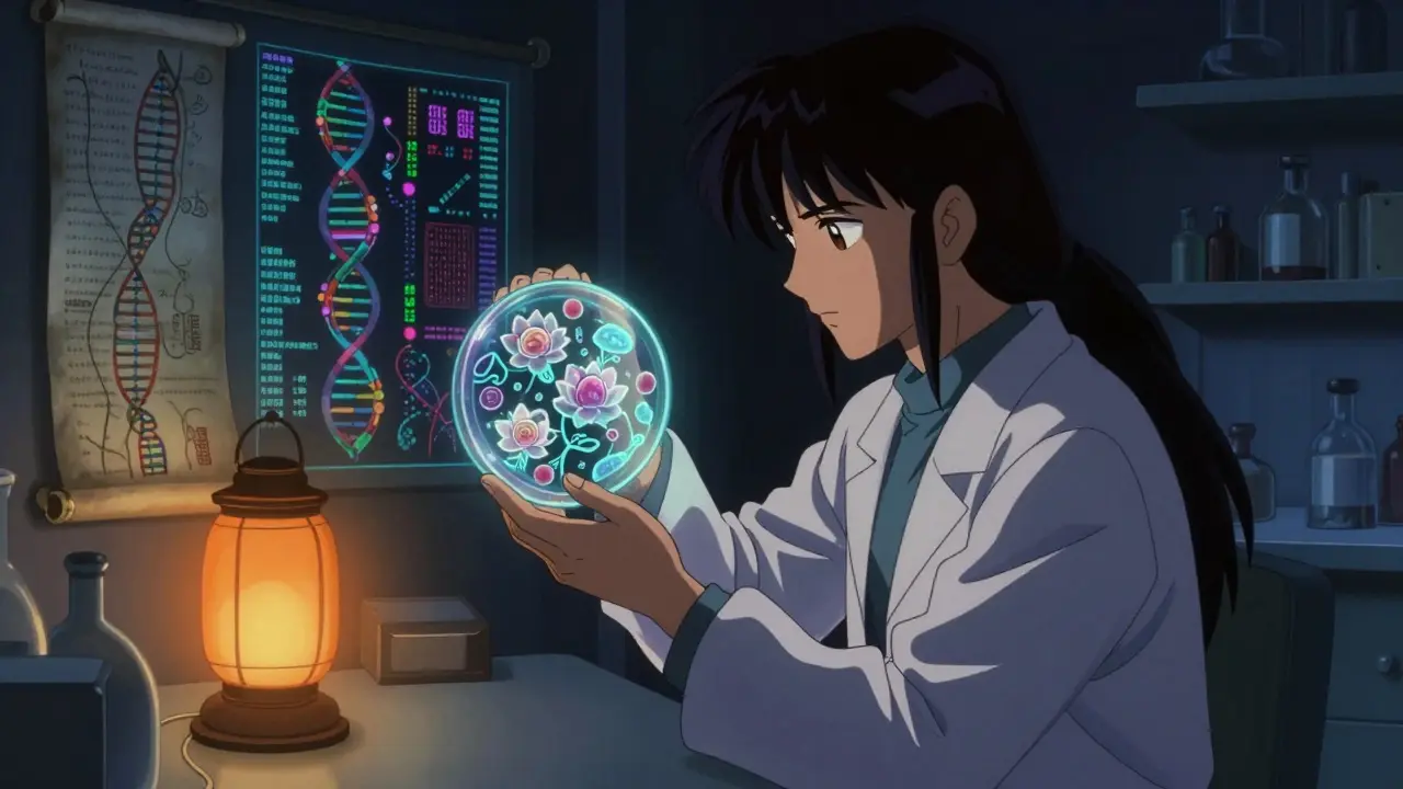 A scientist examines a glowing petri dish with Listeria shaped like lotus flowers, surrounded by data streams.