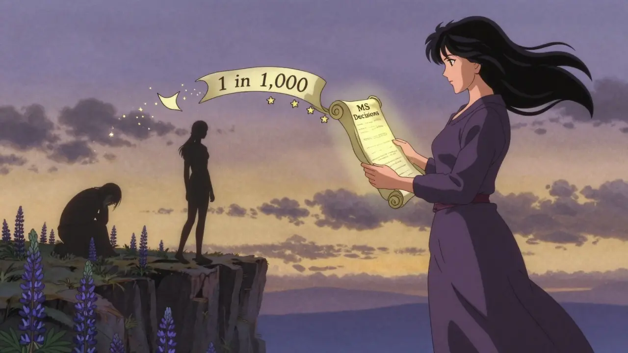 A woman stands on a cliff at dawn holding a celestial scroll that forms the words '1 in 1,000,' with shadowy versions of her past and future selves below.