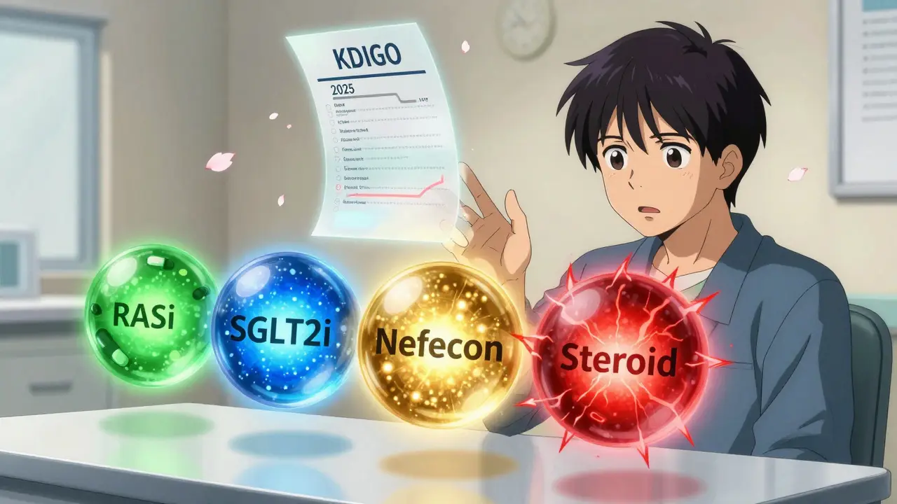 A young patient reaching toward four floating medication orbs representing modern IgA Nephropathy treatments.