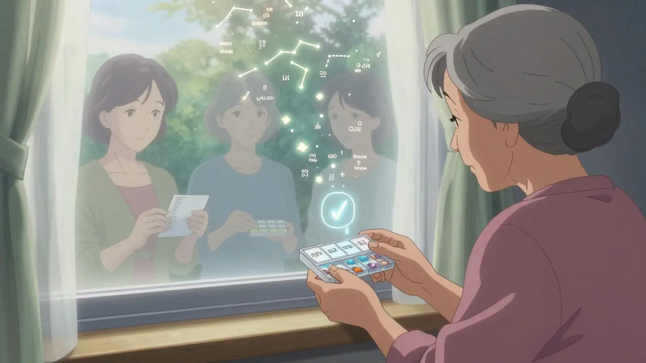 An elderly woman checks her pill organizer, with three ghostly versions of herself showing verification steps, floating drug details glowing around her.