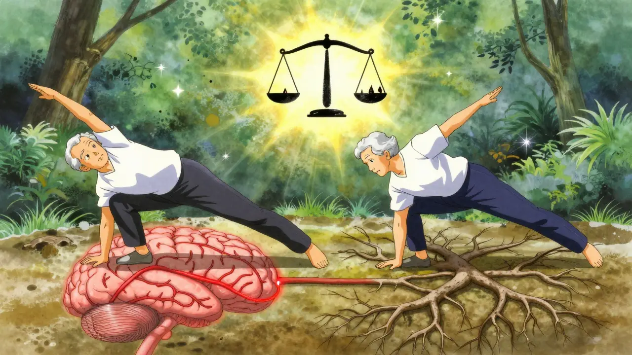 Elderly couple doing balance exercises in a garden, with brain roots and celestial scale symbolizing stroke vs. bleed risk.