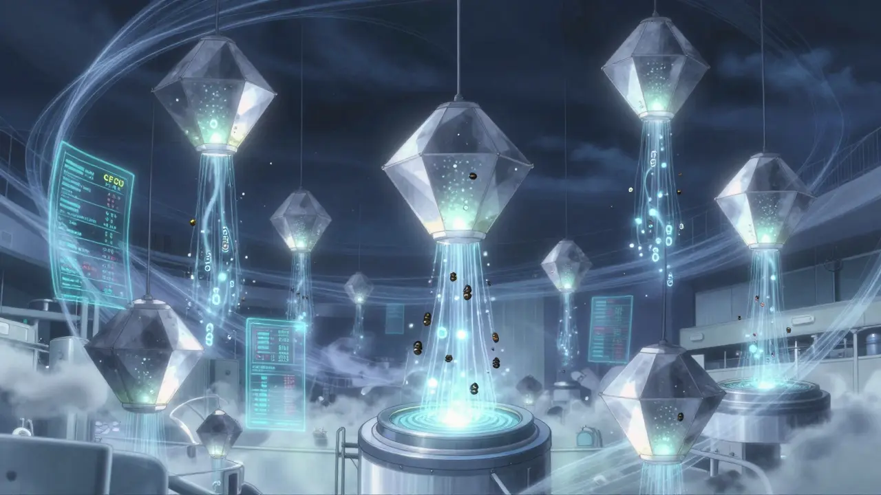 Floating air samplers collect microbial spores in a pharmaceutical cleanroom under soft blue light.