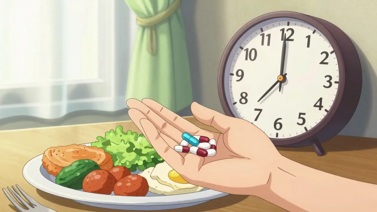 Person holding pills and clock indicating time-restricted eating window.