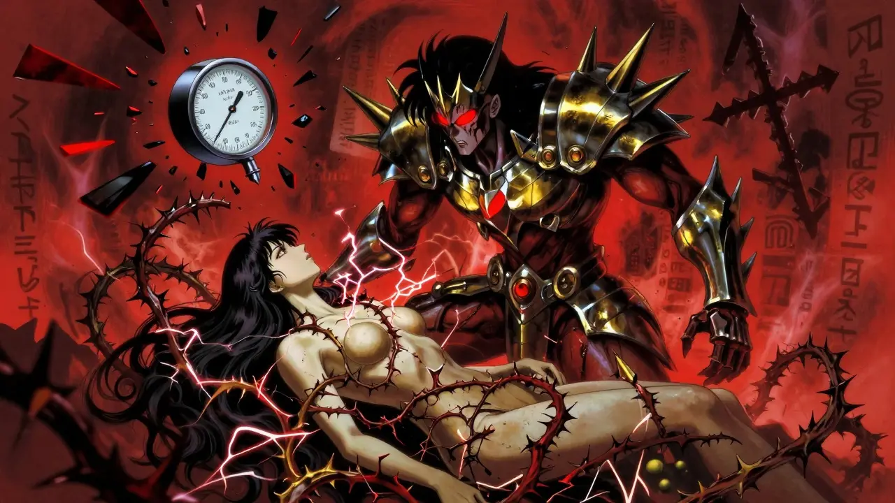 Phentermine and MAOI figures in a violent, glowing confrontation, with a shattered blood pressure gauge, in dark Amano style.