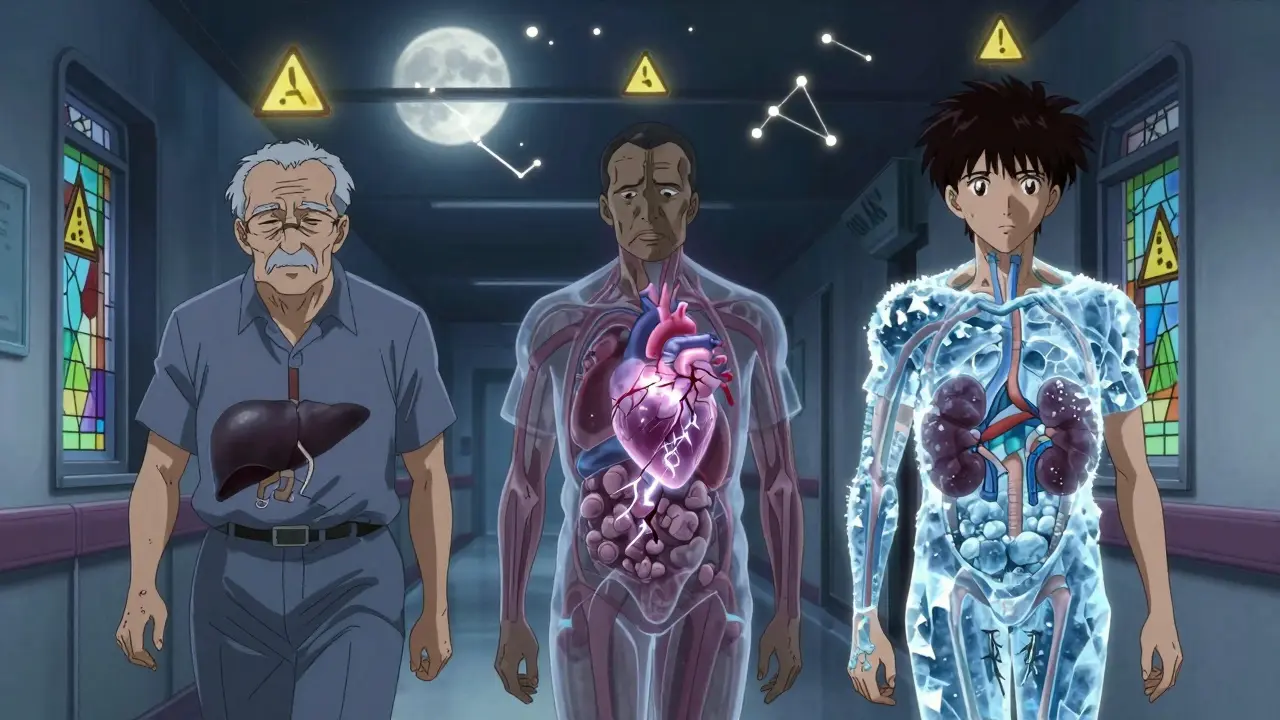Three transparent figures walking a hospital corridor, their internal organs glowing with signs of drug damage.